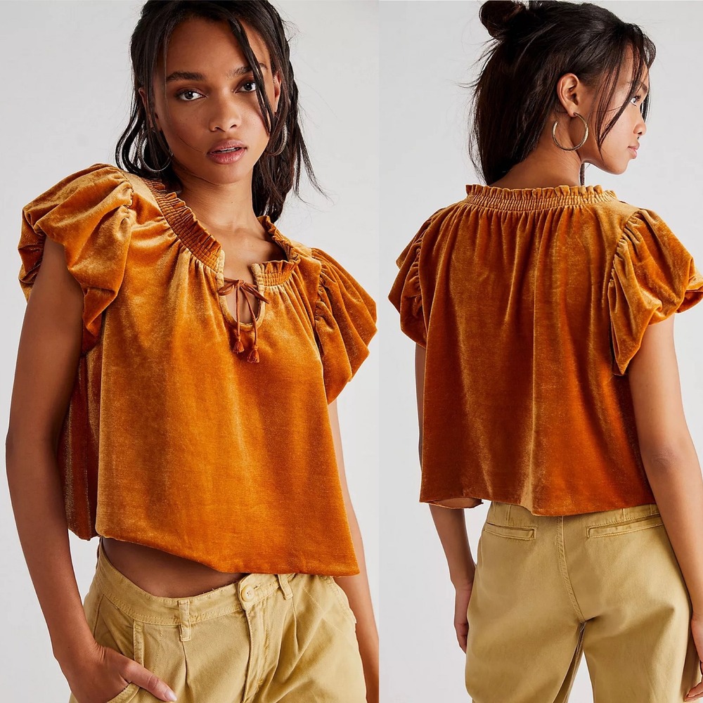 Free People Terese Velvet Velour Top Pumpkin Pie Gold Womens Medium Boho Blouse